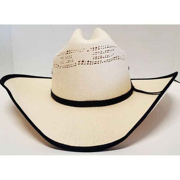 MoksMan 100X Bangora Western Cowboy Hat SZ 7 Legendary Hats Ivory Woven w/ Black - Picture 5 of 16